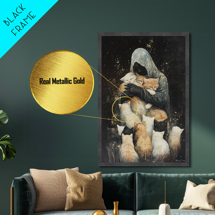 Grim Reaper with Cats Metallic Gold Art Whimsical Metal Art | Spooky Season Gothic Wall Art in Real Wood Frame