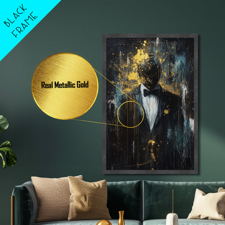 Spooky Gentleman in Tuxedo Metallic Gold Art, Gothic Haunted Portrait Metal Art with Real Wood Frame for Halloween Wall Decor