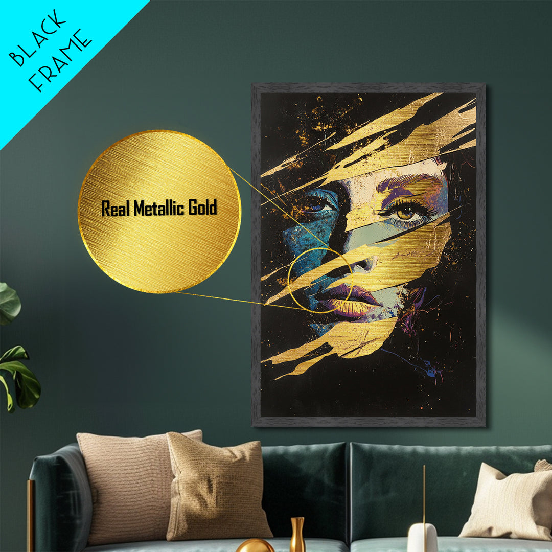 Witchy Woman Masked Portrait Metallic Gold Art, Spooky Season Horror Face Metal Art Framed in Natural Wood for Gothic Home