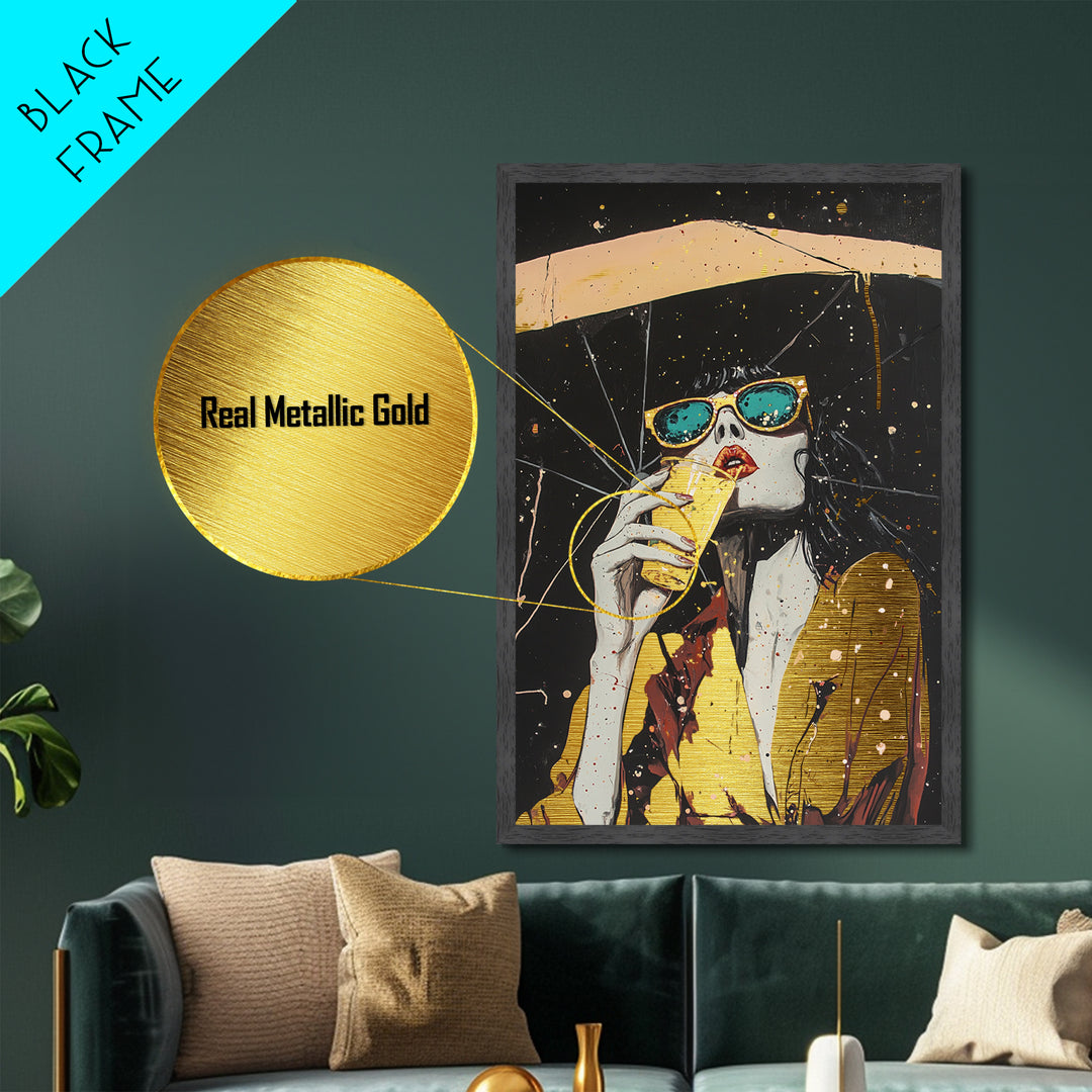 Retro Witchy Woman Drinking Metallic Gold Art, Spooky Season Metal Art with Real Wood Frame, Gothic Halloween Wall Accent