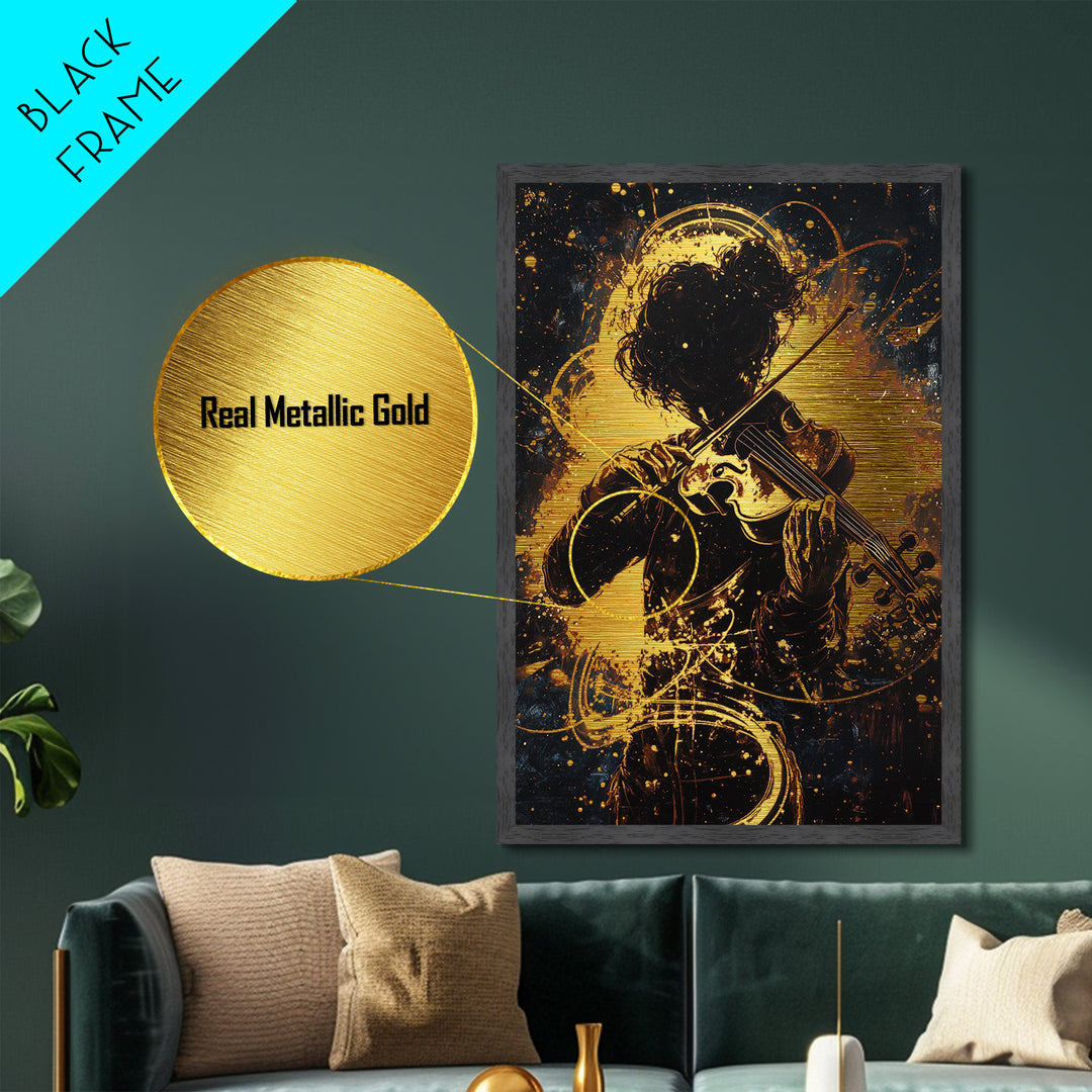 Violinist in Shadows Metallic Gold Art, Spooky Haunted Musician Metal Art Framed in Real Wood, Gothic Halloween Wall Hanging