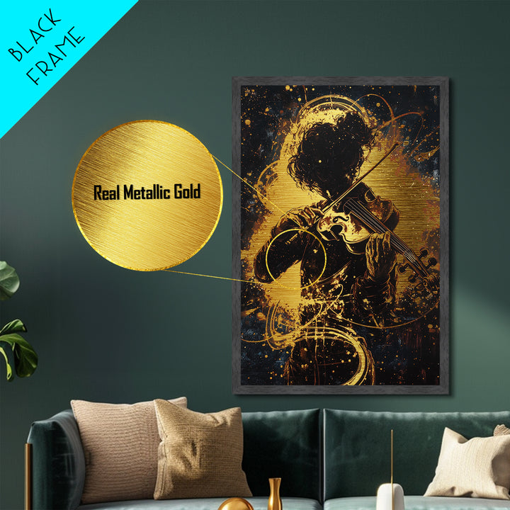 Violinist in Shadows Metallic Gold Art, Spooky Haunted Musician Metal Art Framed in Real Wood, Gothic Halloween Wall Hanging
