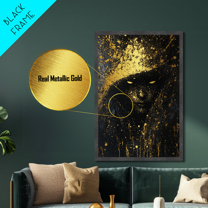 Eerie Shadow Figure Metallic Gold Art, Spooky Horror Season Haunted Eyes Metal Art with Real Wood Frame for Gothic Wall Decor