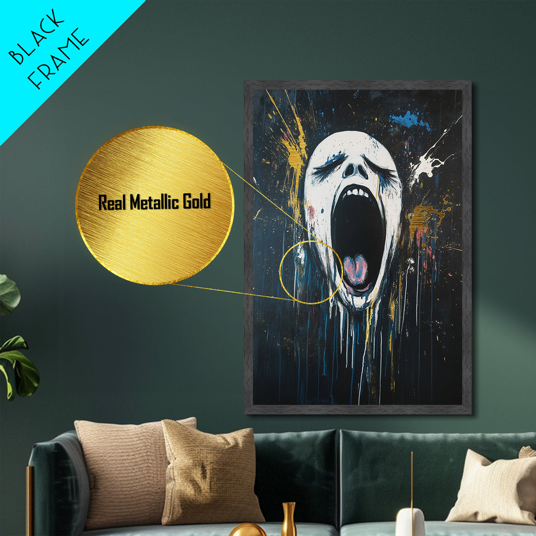 Screaming Horror Face Metallic Gold Art, Creepy Haunted Expressionist Metal Art Framed in Real Wood, Halloween Spooky Accent