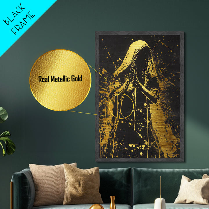 Dark Sacred Prayer Gothic Wall Hanging | Metallic Gold Art, Metal Art | Spooky Halloween Decor Framed in Natural Real Wood