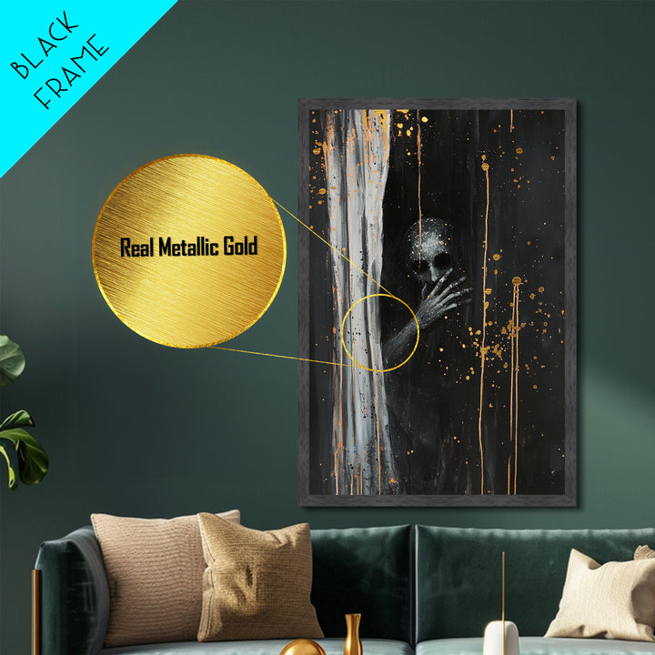 Creepy Skull Behind Curtain | Metallic Gold Art + Metal Art | Haunted Gothic Wall Decor, Real Wood Frame for Halloween Vibes