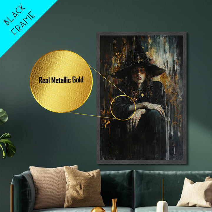 Witch in Shadows Gothic Portrait | Metallic Gold Art | Witchy Halloween Metal Art, Real Wood Frame for Spooky Wall Hanging