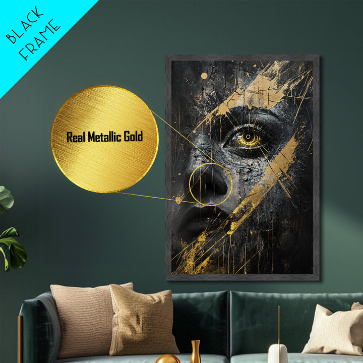 Golden Eye Haunted Portrait | Metallic Gold Art & Metal Art | Gothic Spooky Wall Decor, Real Wood Framed Halloween Artwork