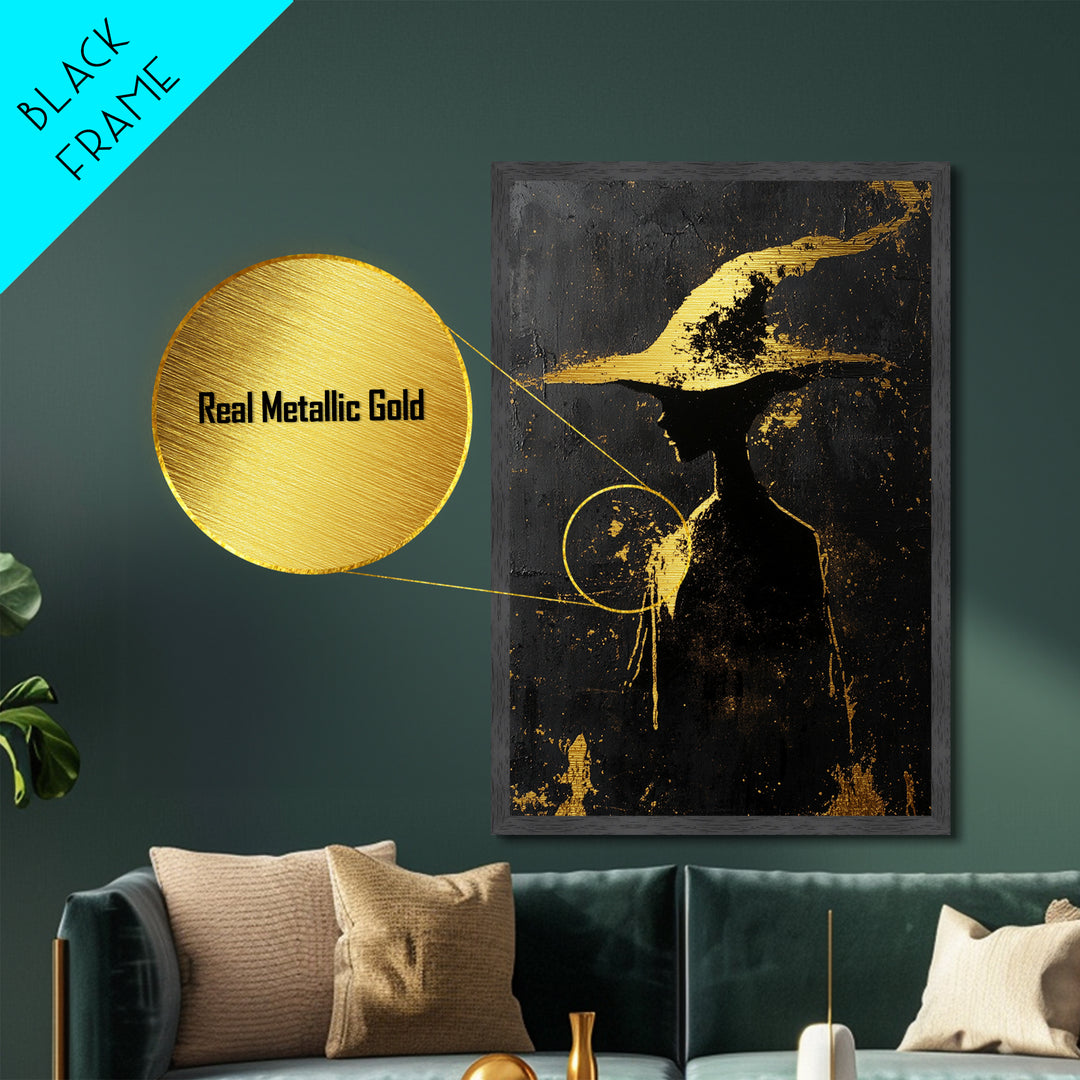 Witch Hat Silhouette Spooky Decor | Metallic Gold Art + Metal Art | Gothic Halloween Wall Hanging in Real Wood Frame