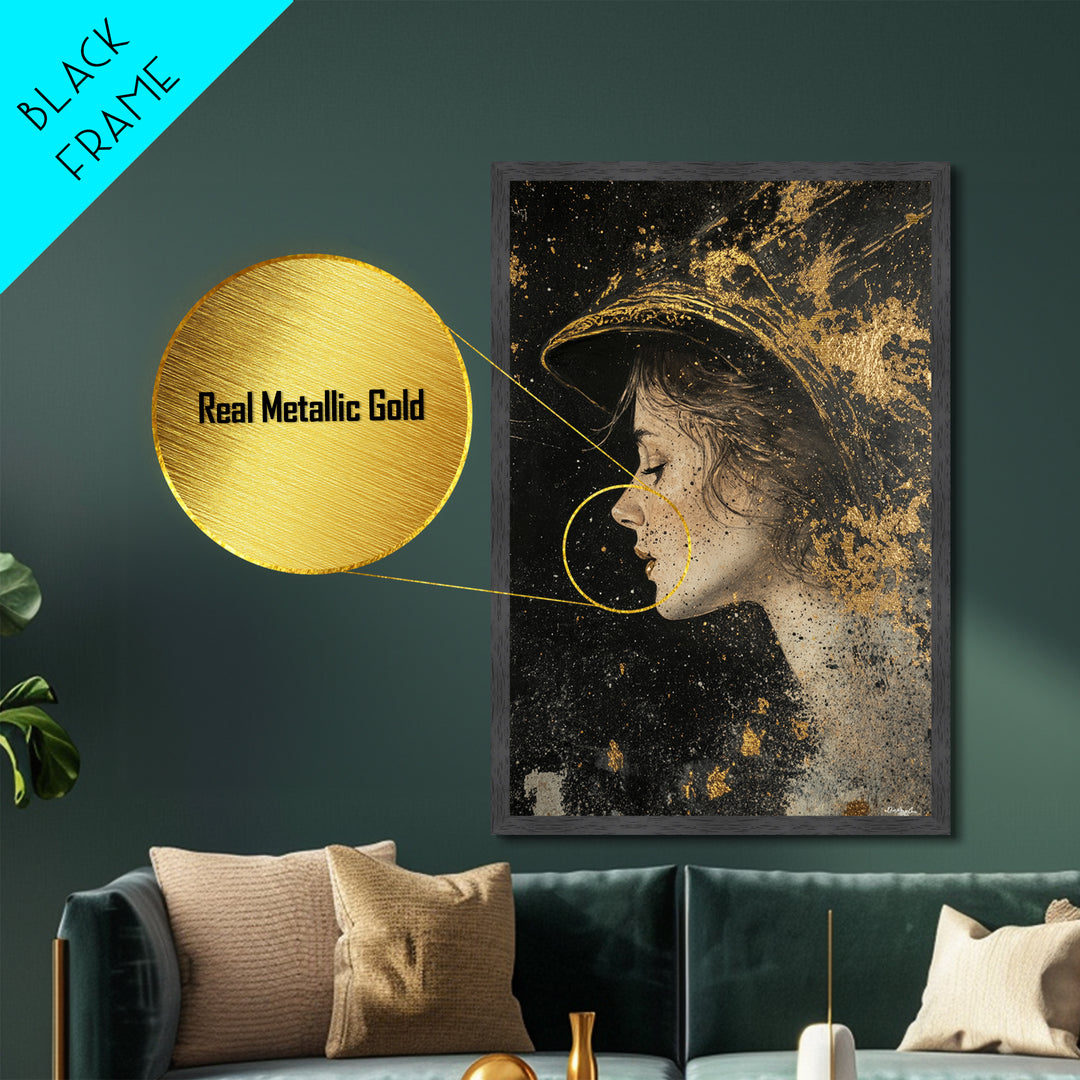 Enchanted Witch Profile Portrait | Metallic Gold Art & Metal Art | Elegant Spooky Season Decor, Framed in Real Natural Wood