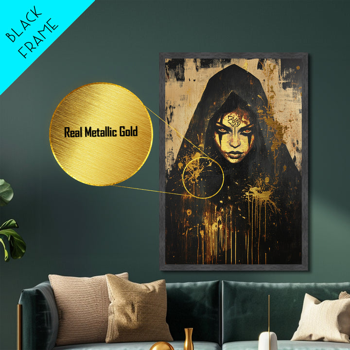 Cursed Priestess Gothic Portrait | Metallic Gold Art | Spooky Season Metal Art Decor, Real Wood Frame for Haunted Wall Art