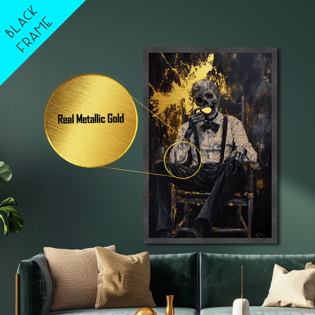 Skeleton Gentleman Gothic Wall Decor | Metallic Gold Art + Metal Art | Creepy Halloween Artwork, Real Wood Frame Display