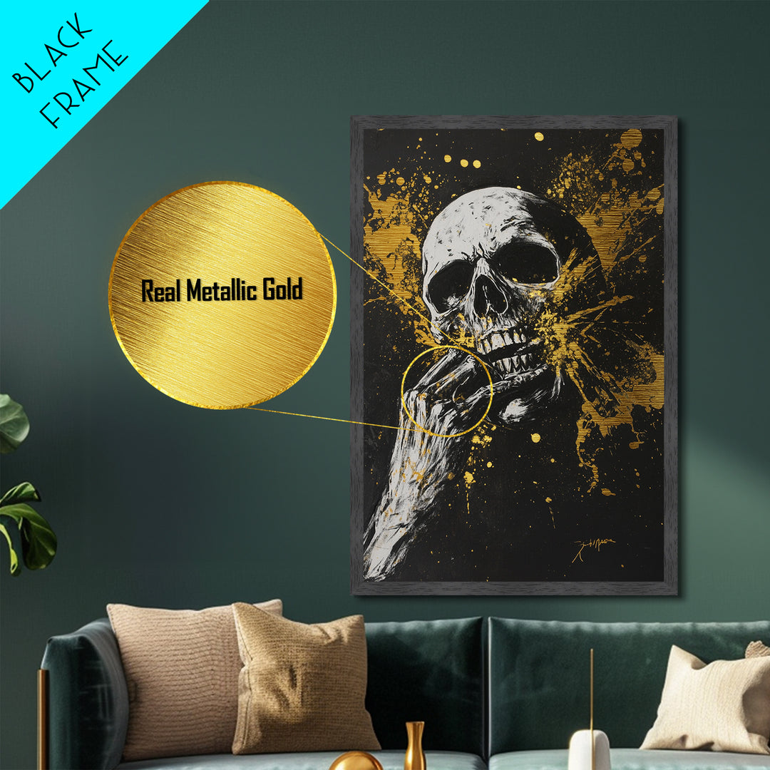 Haunted Skull Metallic Gold Art, Creepy Horror Skeleton Metal Art with Gothic Splatter Style, framed in natural real wood