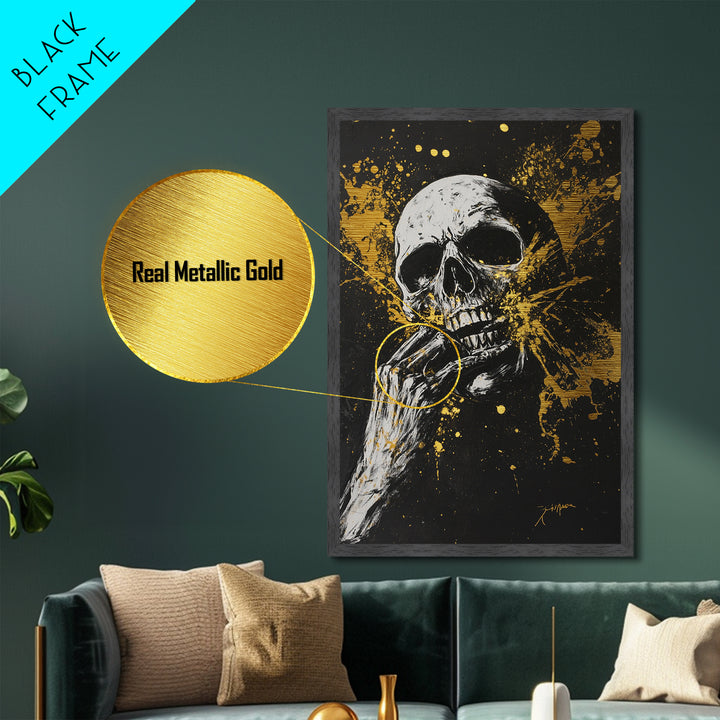 Haunted Skull Metallic Gold Art, Creepy Horror Skeleton Metal Art with Gothic Splatter Style, framed in natural real wood
