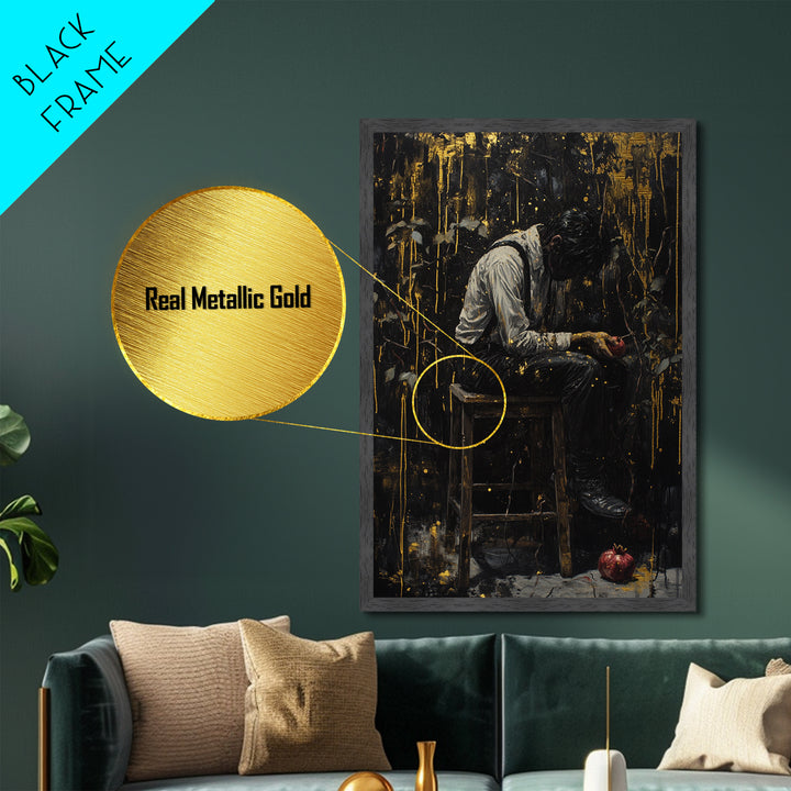Spooky Gothic Metallic Gold Art, Dark Halloween Portrait Metal Art of Man with Pomegranate, mounted in handcrafted wood frame