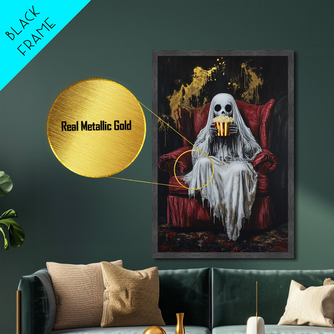 Ghostly Movie Night Metallic Gold Art, Creepy Skeleton Watching Horror Metal Art, Halloween Décor with real wood frame display