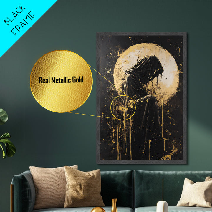 Grim Reaper Metallic Gold Art, Haunted Dark Hooded Figure Metal Art for Spooky Season, framed with natural real wood design
