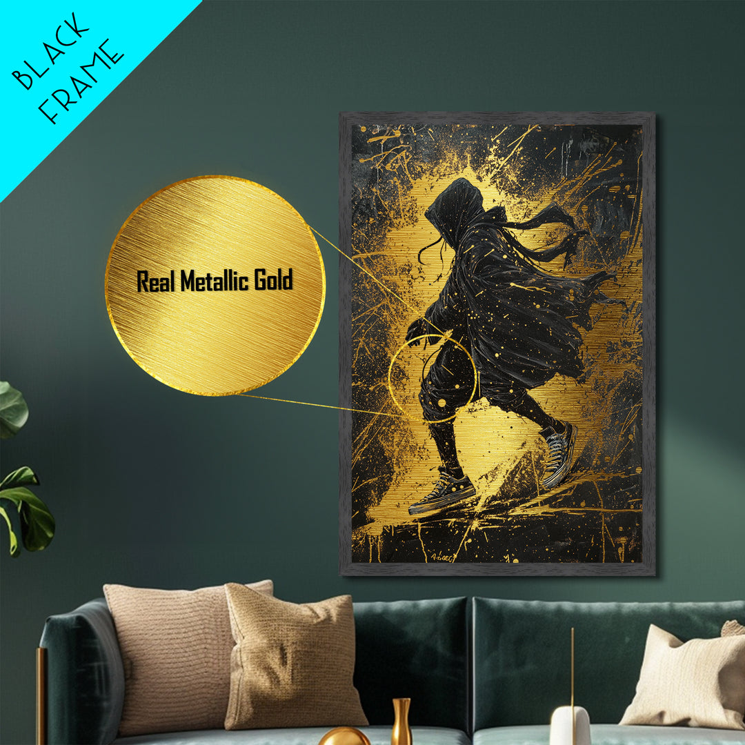 Dark Wanderer Metallic Gold Art, Creepy Hooded Skater Metal Art with Gothic Splatter Style, framed in rustic real wood for Halloween