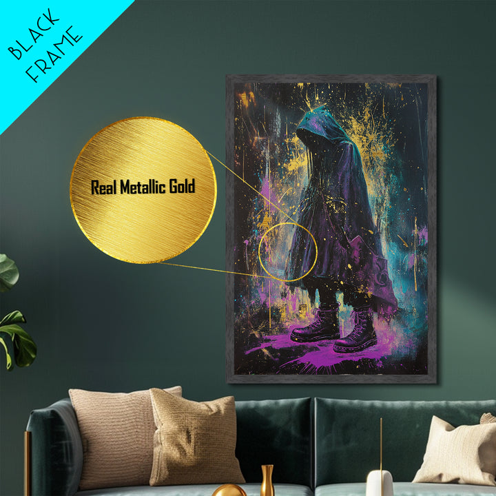 Witchy Hooded Figure Metallic Gold Art, Gothic Halloween Metal Art in Purple and Gold Splatter, real wood frame handmade design