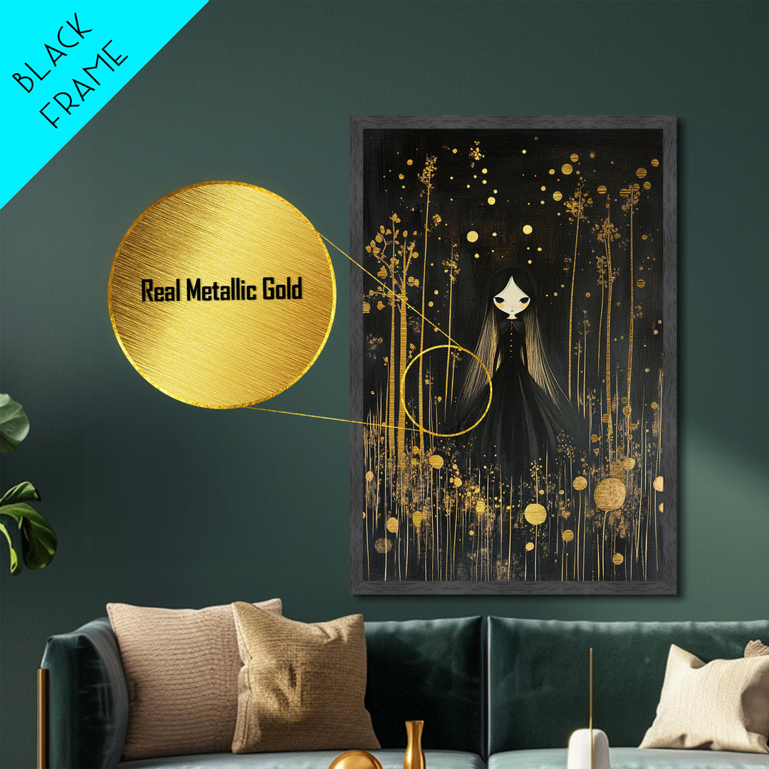 Spooky Cute Girl Metallic Gold Art, Creepy Halloween Witchy Doll Metal Art with Gold Forest Background, set in real wood frame