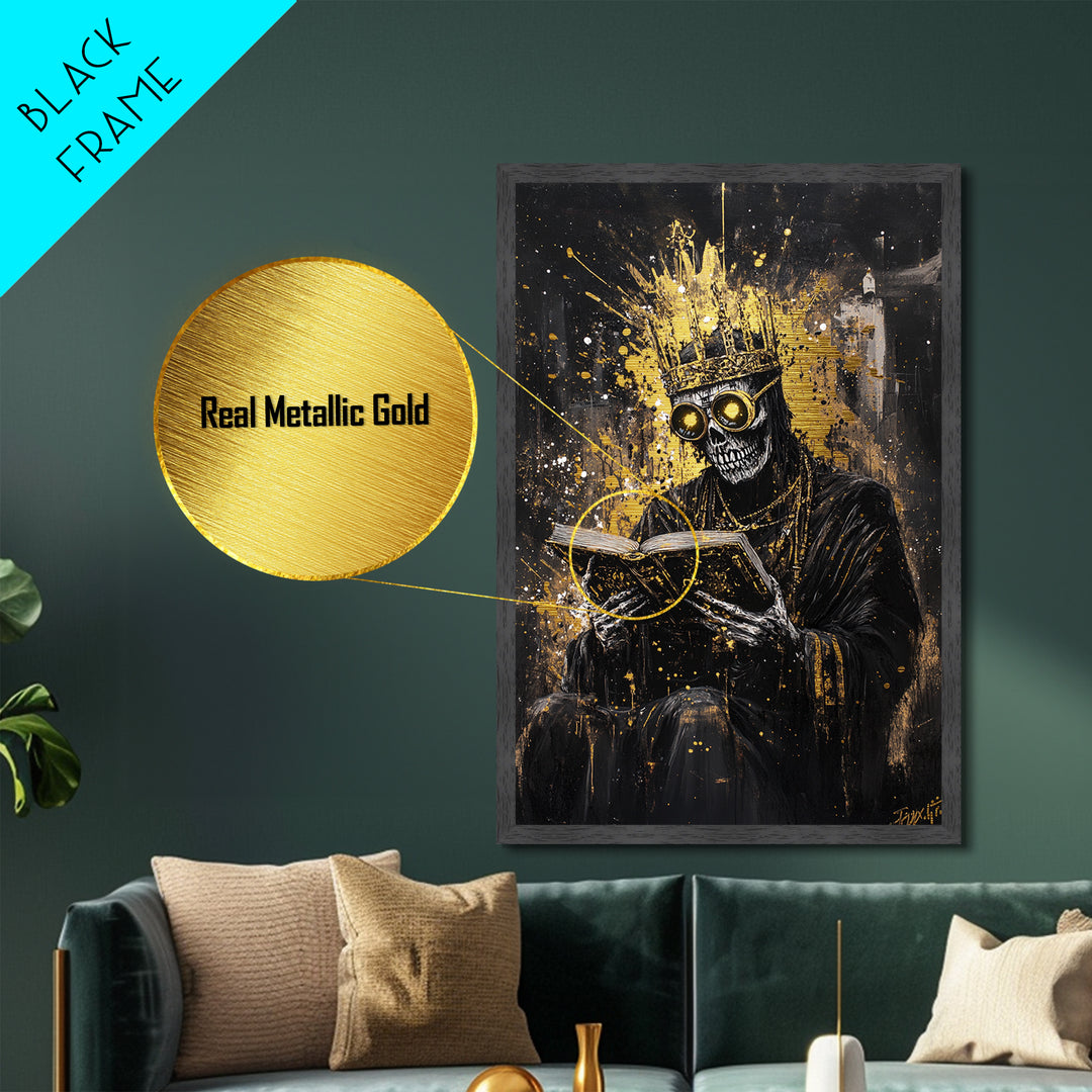 Haunted King Skeleton Metallic Gold Art, Gothic Crowned Figure Metal Art with Horror Style, framed in premium real wood décor