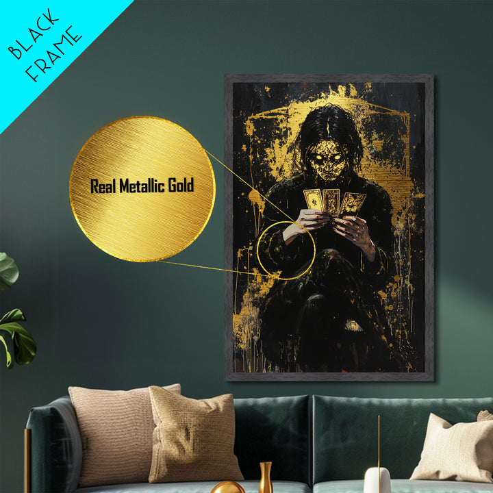Tarot Witch Metallic Gold Art, Creepy Spooky Season Metal Art with Haunted Masked Fortune Teller, natural real wood frame finish