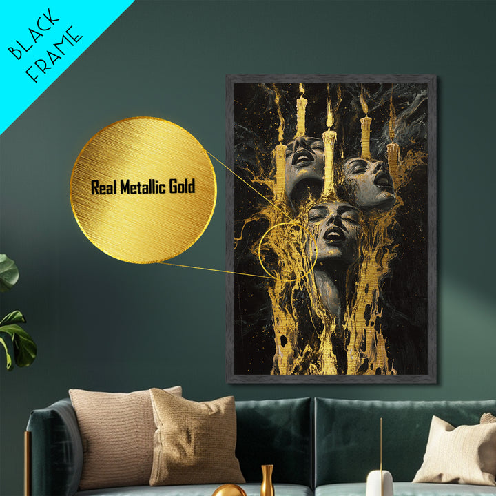 Haunted Candle Gothic Faces Metallic Gold Art, Spooky Season Horror Metal Art Wall Decor, framed in natural real wood