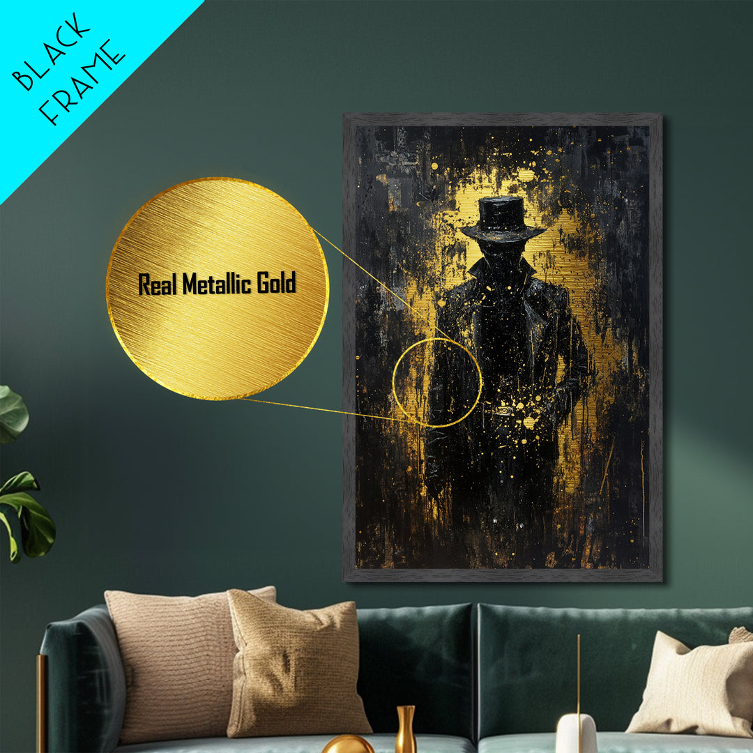 Dark Cowboy Horror Silhouette Metallic Gold Art, Spooky Season Creepy Western Metal Art, with real wood frame display