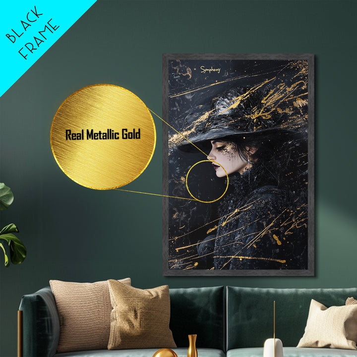 Witchy Woman Profile Metallic Gold Art, Gothic Spooky Season Metal Art Portrait, handcrafted and framed in real wood