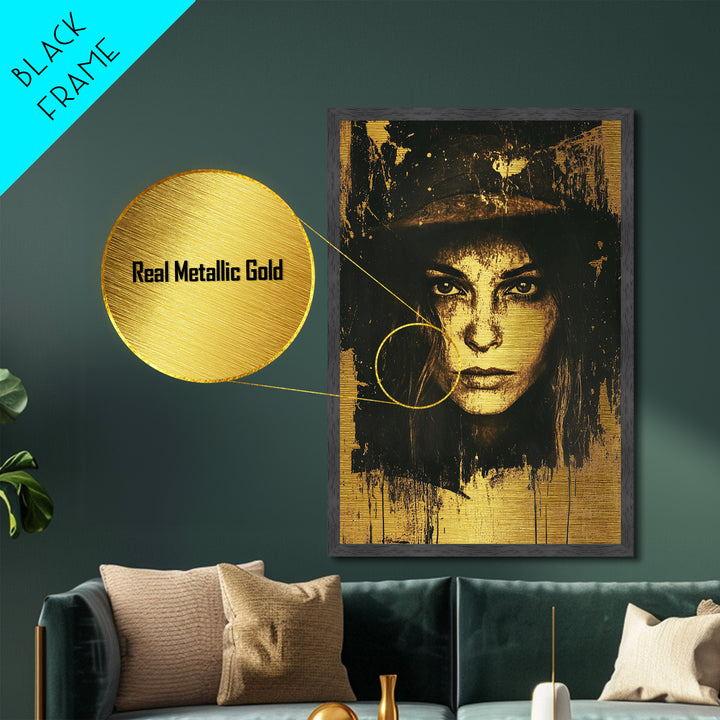 Creepy Sepia Horror Portrait Metallic Gold Art, Spooky Gothic Woman Face Metal Art Wall Decor, in solid real wood frame