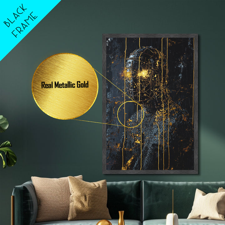 Cyber Horror Mask Metallic Gold Art, Creepy Halloween Techno Gothic Metal Art Portrait, framed with natural real wood