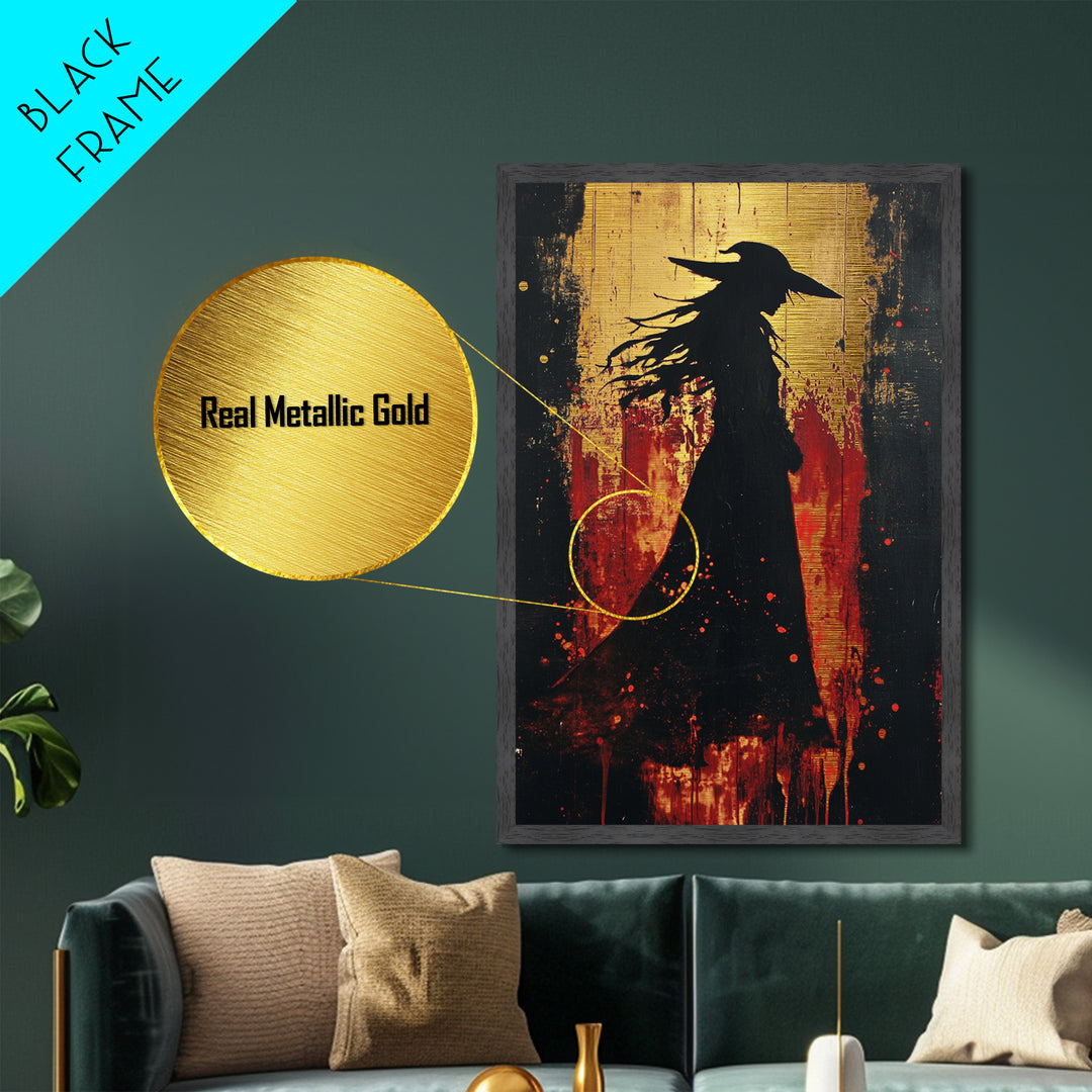 Witch Silhouette Blood Red Metallic Gold Art, Spooky Season Gothic Metal Art Painting, Halloween wall decor with wood frame