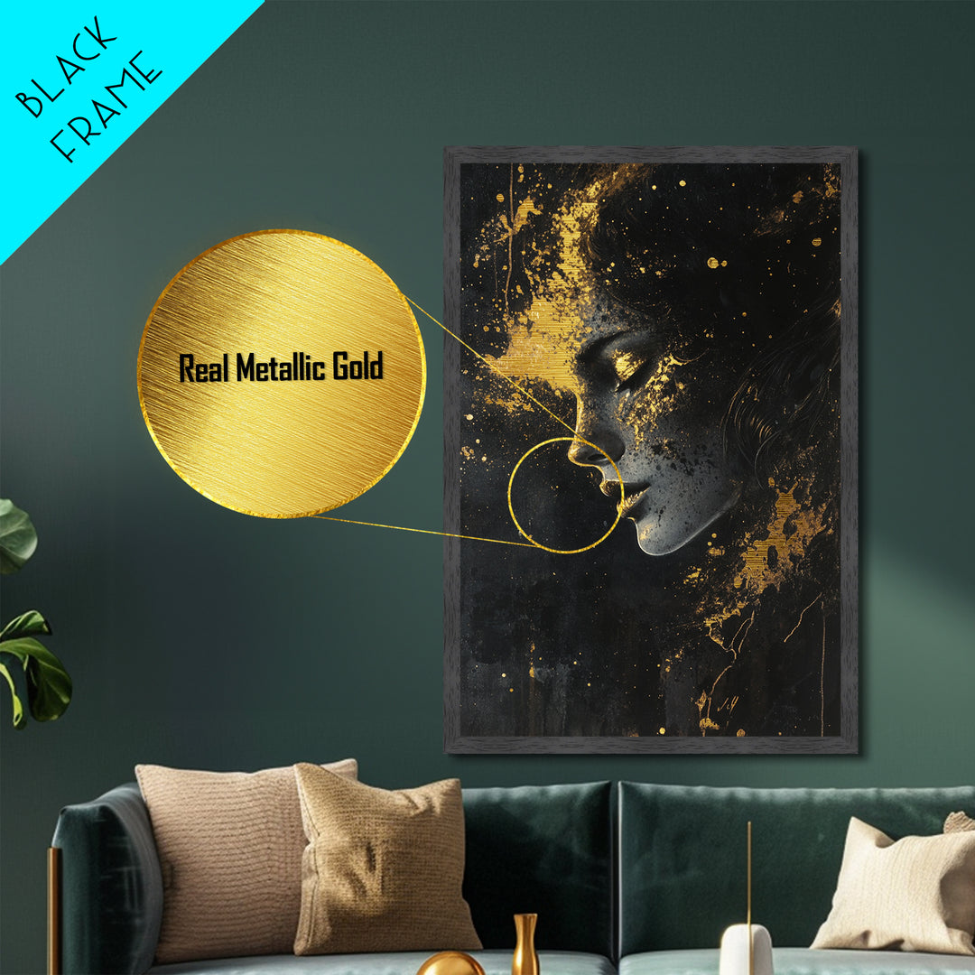 Ethereal Haunted Face Metallic Gold Art, Spooky Season Gothic Glow Metal Art Portrait, crafted and framed in real wood