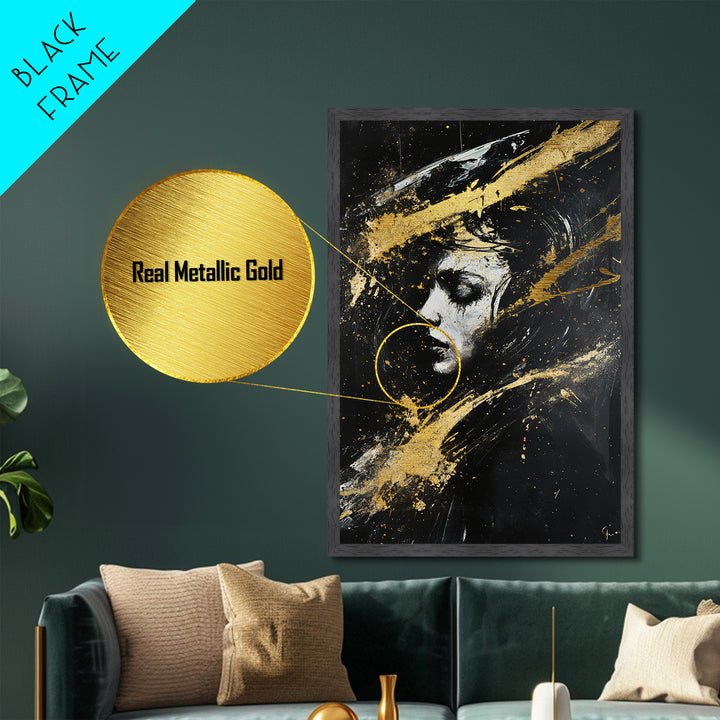 Abstract Haunted Portrait Metallic Gold Art, Gothic Spooky Season Metal Art Face Painting, framed in rustic real wood