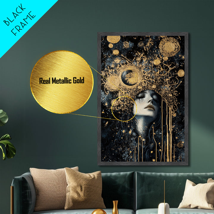 Celestial Gothic Queen Metallic Gold Art, Spooky Season Witchy Cosmic Metal Art, Halloween horror decor in real wood frame
