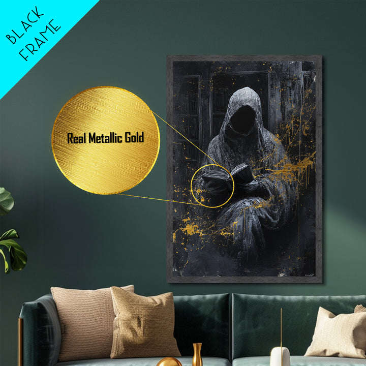 Hooded Grim Reader Metallic Gold Art, Haunted Spooky Season Horror Metal Art Wall Decor, with natural wood frame finish