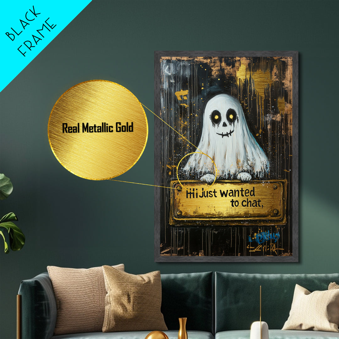 Spooky Ghost Greeting Wall Decor, Metallic Gold Art Metal Art with Natural Wood Frame, Halloween Haunted Gothic Artwork