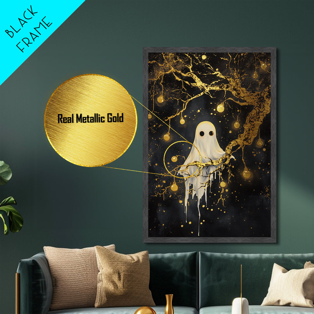 Haunted Tree Ghost Halloween Decor, Metal Art Metallic Gold Art in Real Wood Frame, Spooky Gothic Night Wall Hanging
