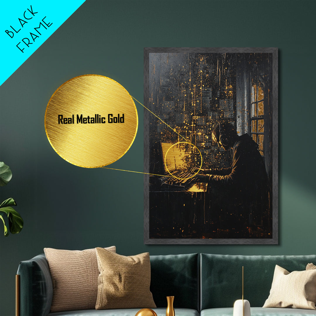 Dark Hacker at Computer Halloween Wall Art, Metallic Gold Art Metal Art Framed in Solid Wood, Spooky Tech Gothic Decor
