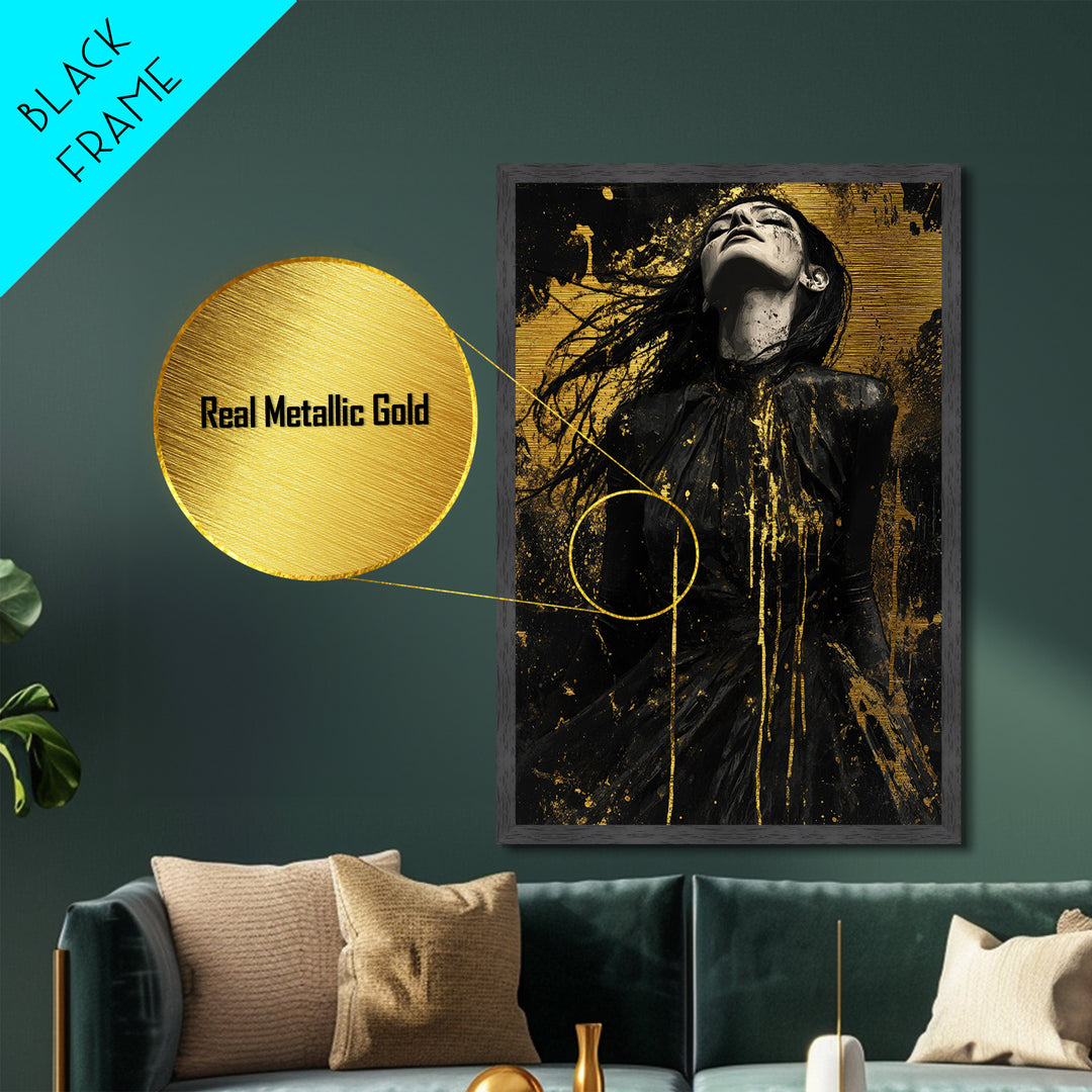 Dark Enchanted Woman Metallic Gold Art Metal Art Spooky Gothic Halloween Horror Wall Hanging framed with real wood