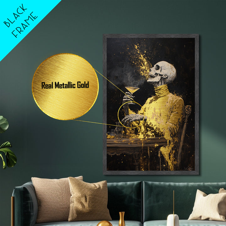 Skeleton Toasting Halloween Party Print, Metal Art Metallic Gold Art with Real Wood Frame, Gothic Haunted Bar Wall Decor