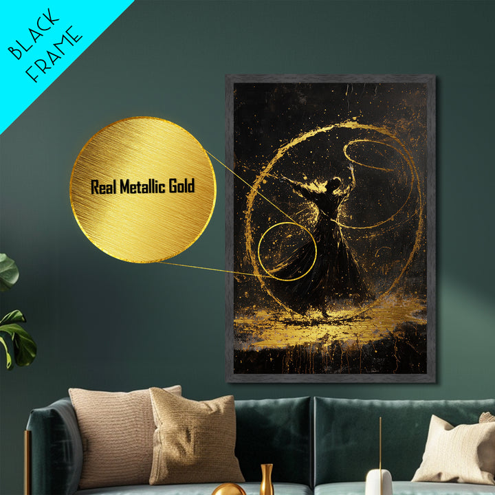 Witchy Dance Circle Halloween Painting, Metallic Gold Art Metal Art Framed in Natural Wood, Spooky Magical Gothic Artwork