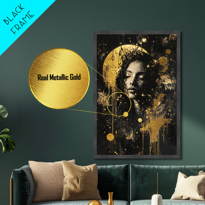 Moonlit Gothic Woman Halloween Portrait, Metal Art Metallic Gold Art in Real Wood Frame, Haunted Spooky Season Wall Decor