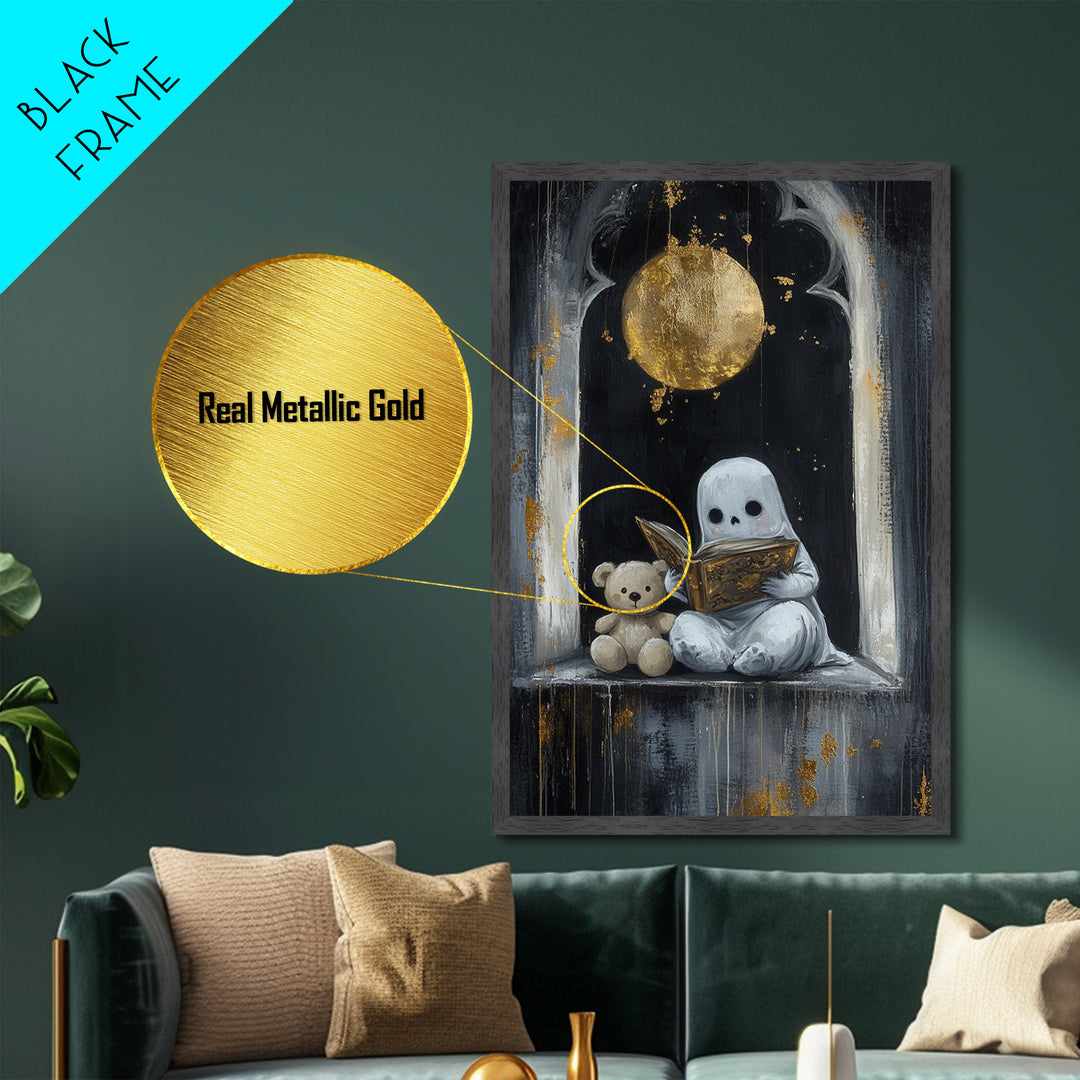 Cute Ghost Reading Book Halloween Print, Metallic Gold Art Metal Art with Wooden Frame, Spooky Nursery Haunted Wall Art
