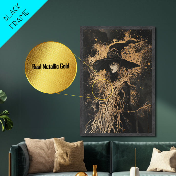 Witch with Serpent Roots Halloween Art, Metallic Gold Art Metal Art in Framed Wood, Gothic Spooky Season Haunted Decor