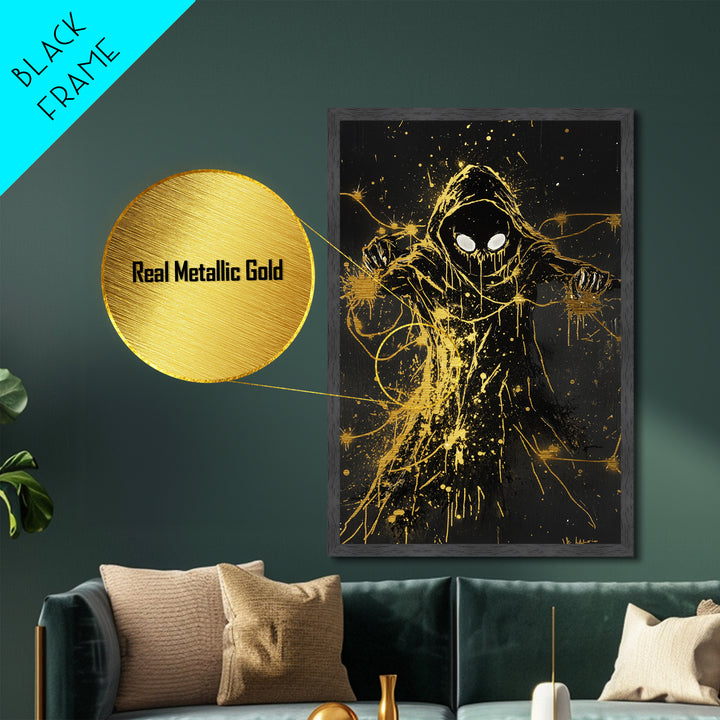 Hooded Reaper Halloween Wall Hanging, Metal Art Metallic Gold Art with Real Wood Frame, Creepy Spooky Haunted Gothic Print