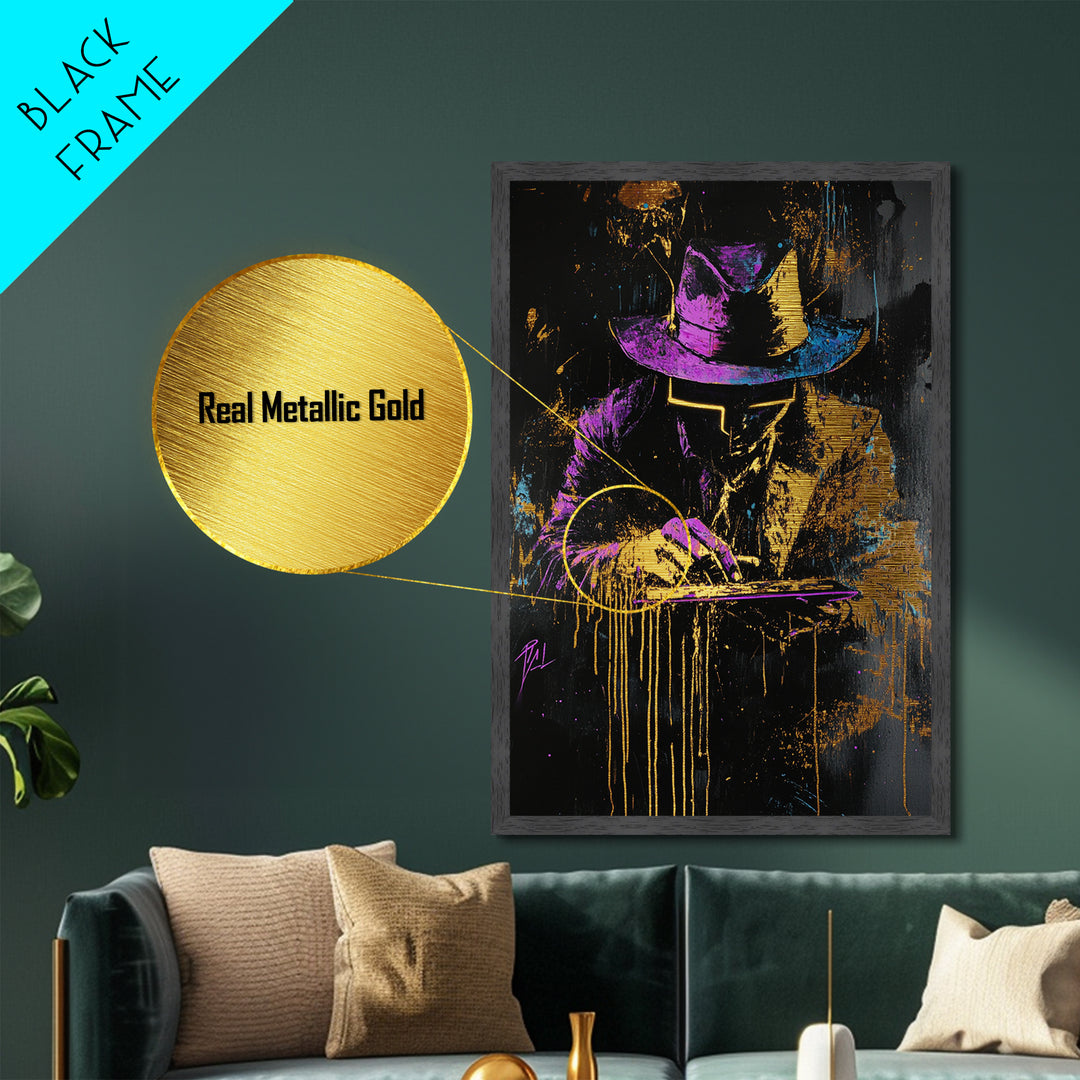Neon Noir Detective Spooky Wall Art, Metallic Gold Art Metal Art Framed in Natural Wood, Halloween Gothic Cyberpunk Decor