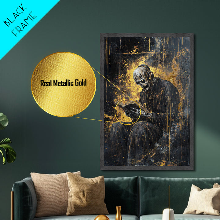 Skeleton Reading Book with Headphones Metallic Gold Art Metal Art | Gothic Spooky Halloween Wall Décor in Natural Wood Frame