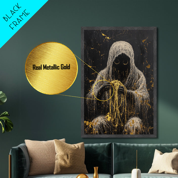 Creepy Hooded Figure with Threads Metallic Gold Art Metal Art | Haunted Gothic Halloween Wall Décor Framed in Solid Wood