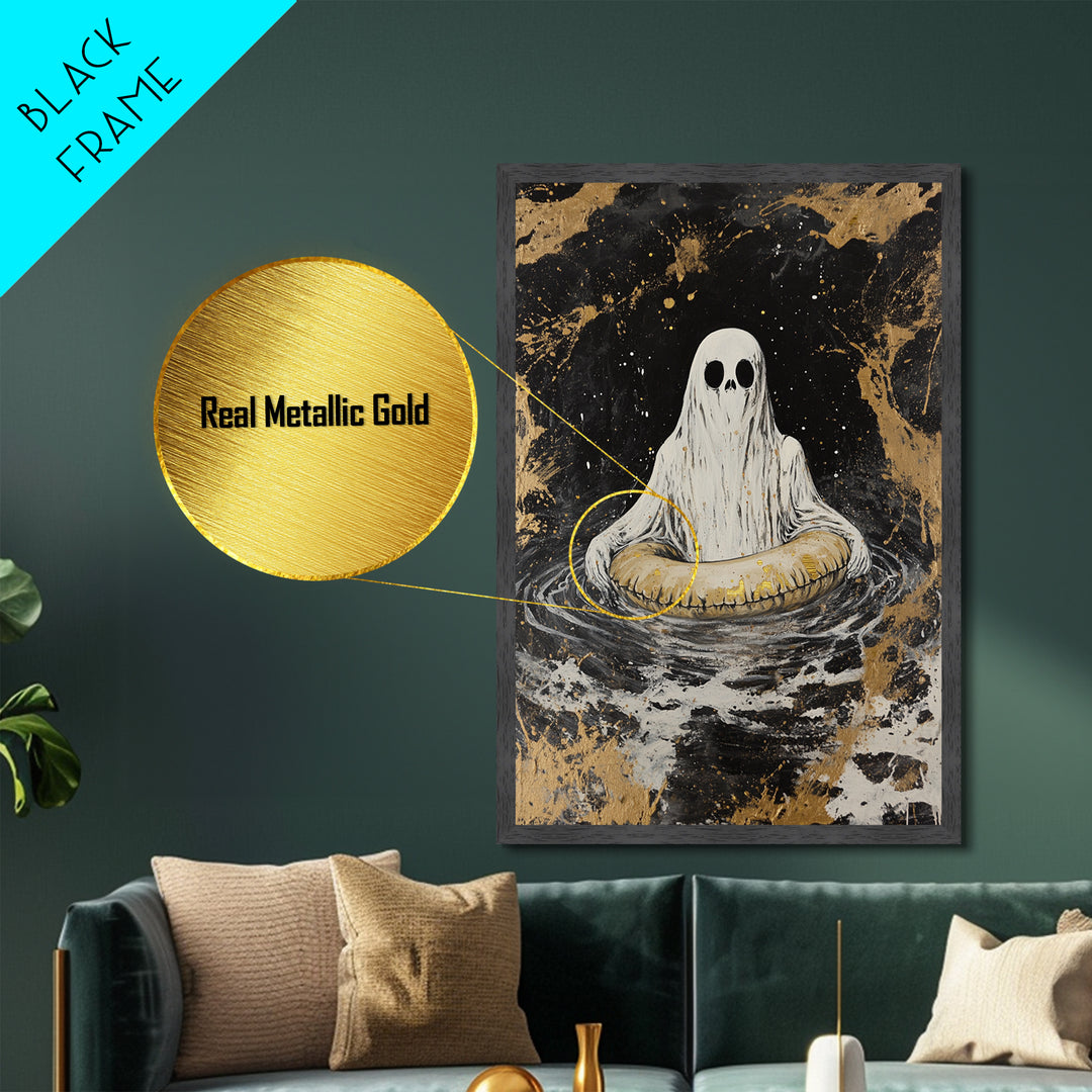 Ghost in Water with Inner Tube Metallic Gold Art Metal Art | Spooky Halloween Spirit Painting Gothic Horror Art with Wood Frame